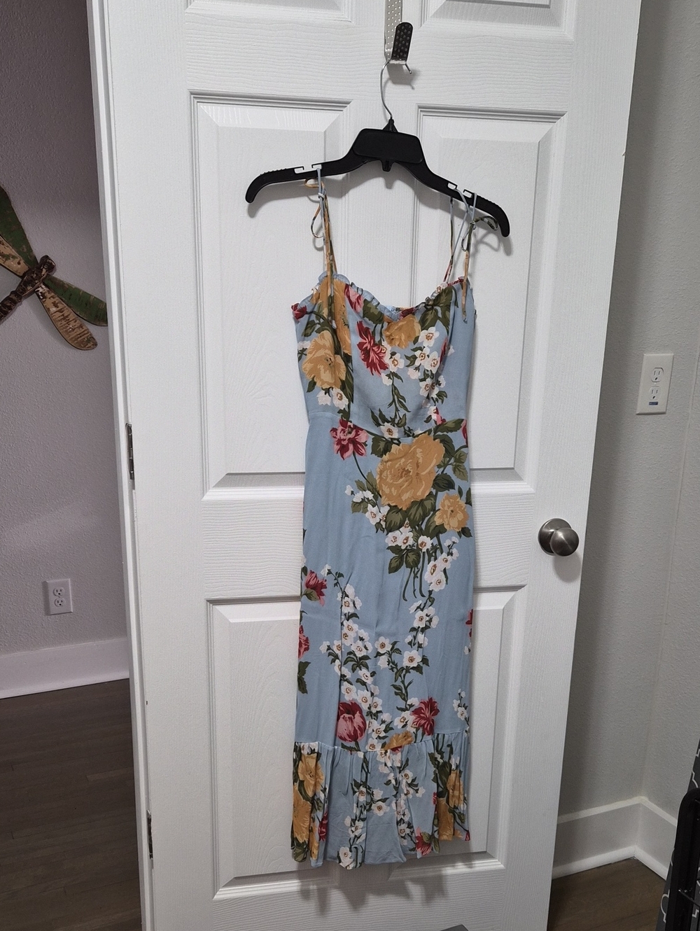 Light Blue Floral Midi Dress with Tie Straps